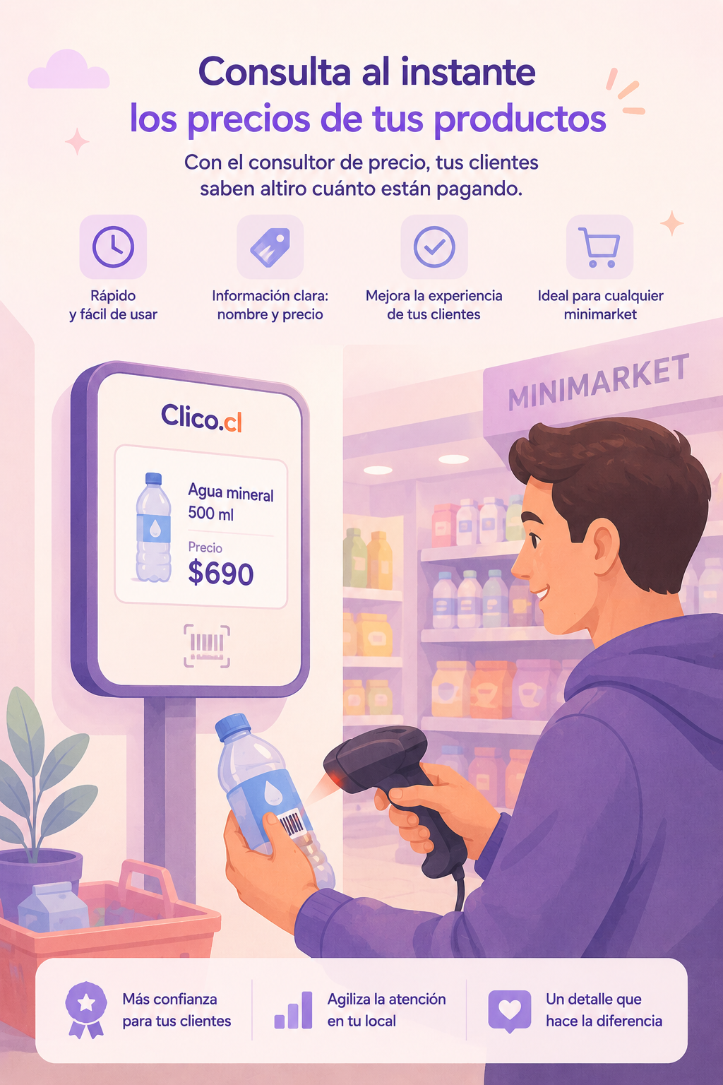 Tótem consultor de precios de Clico: un cliente escanea un producto y ve su nombre y precio en pantalla
