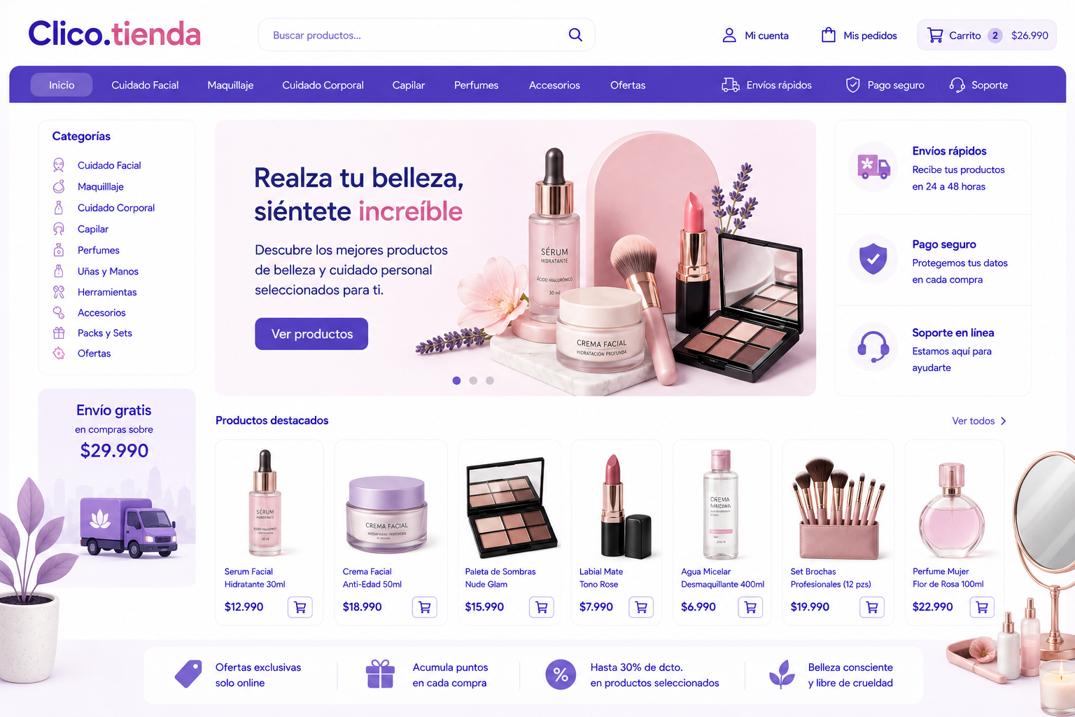 Tienda online de belleza en Clico con cuidado facial, maquillaje, capilar y perfumes