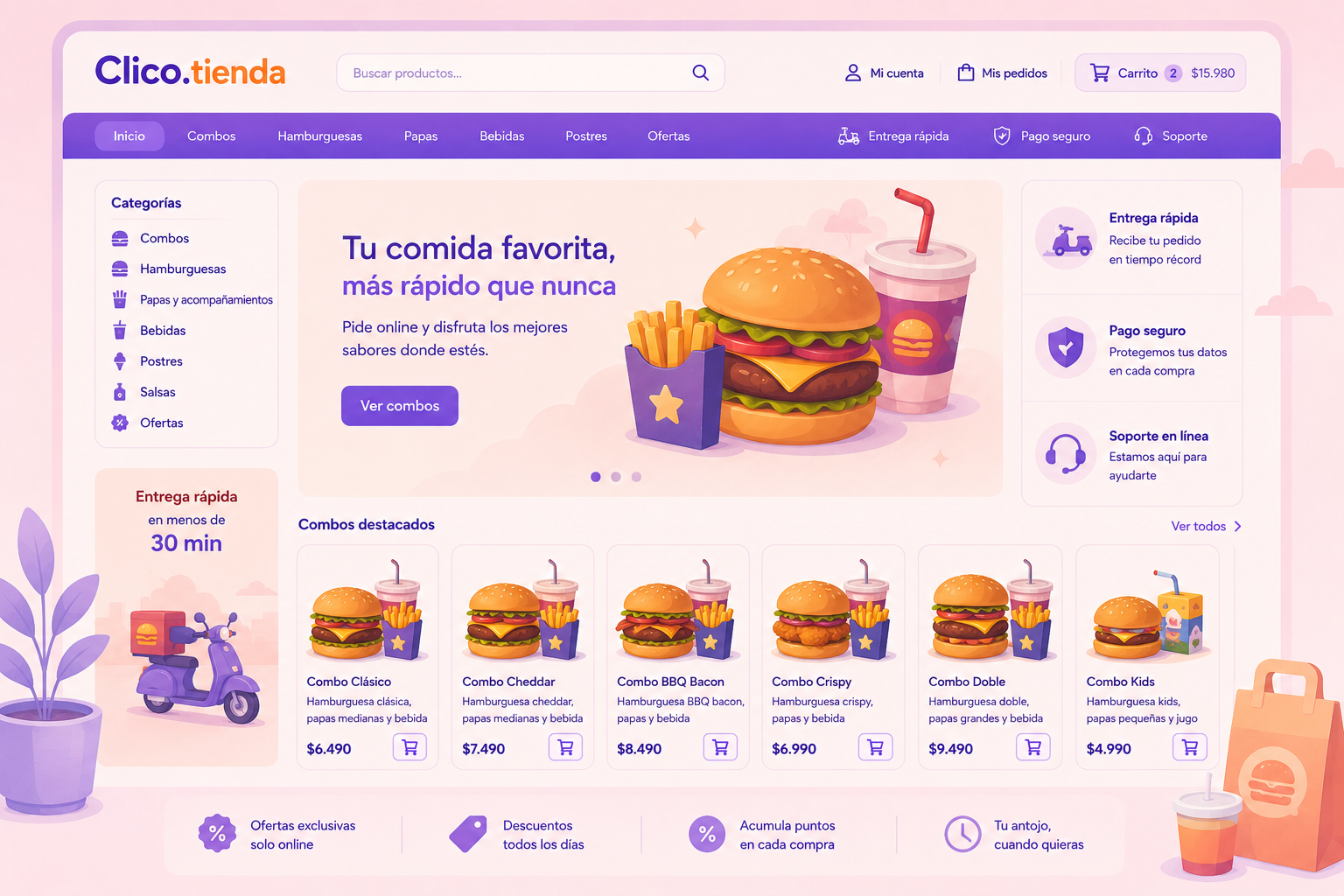 Tienda online de comida rápida en Clico con combos, hamburguesas, bebidas y postres