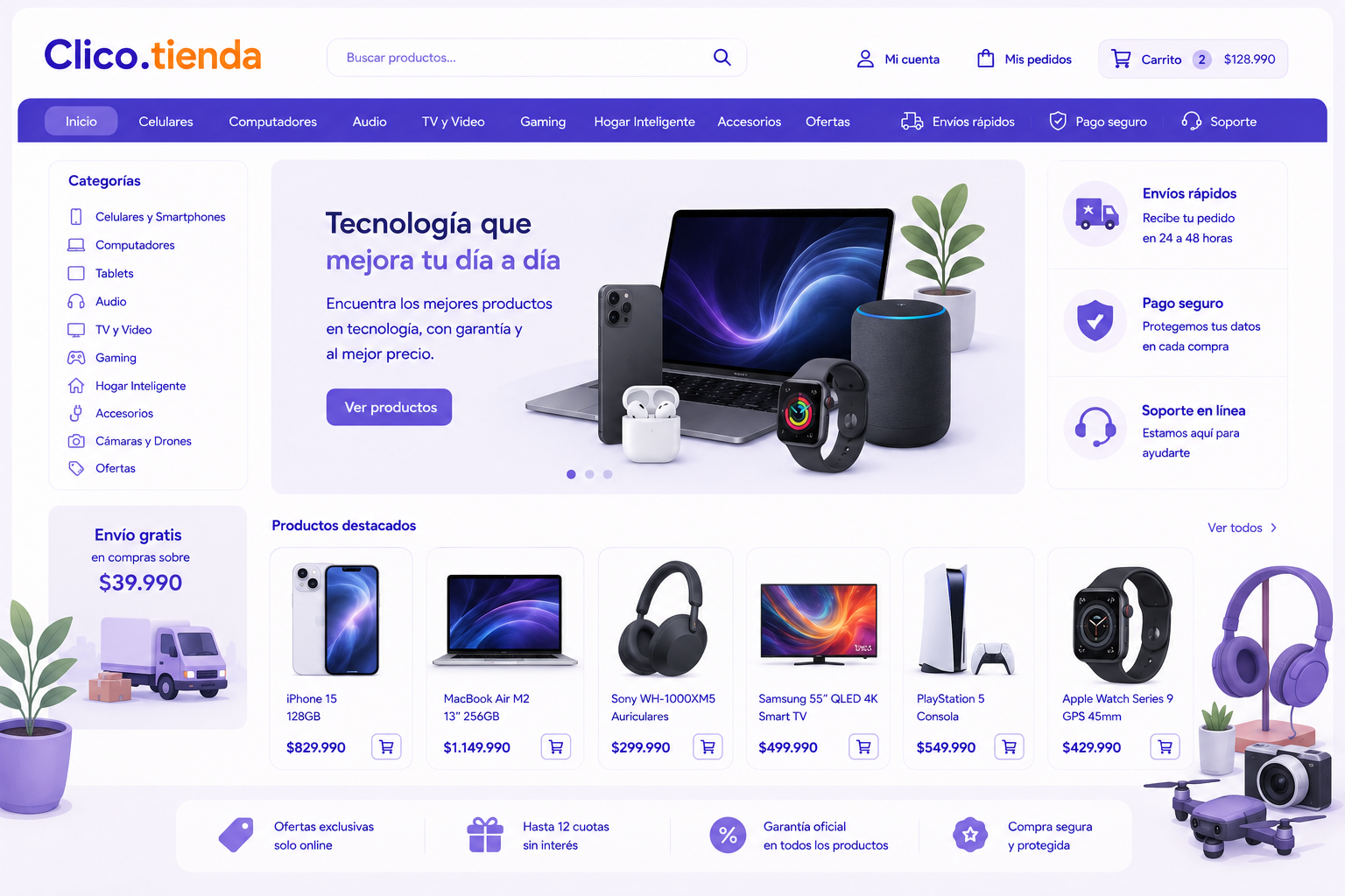 Tienda online de electrónica en Clico con celulares, computadores, audio y gaming