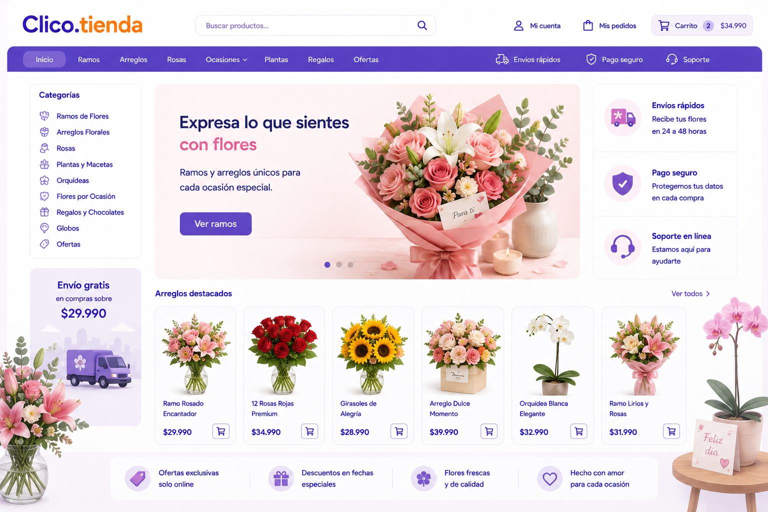 Tienda online de florería en Clico con ramos, arreglos florales y plantas organizados por ocasión