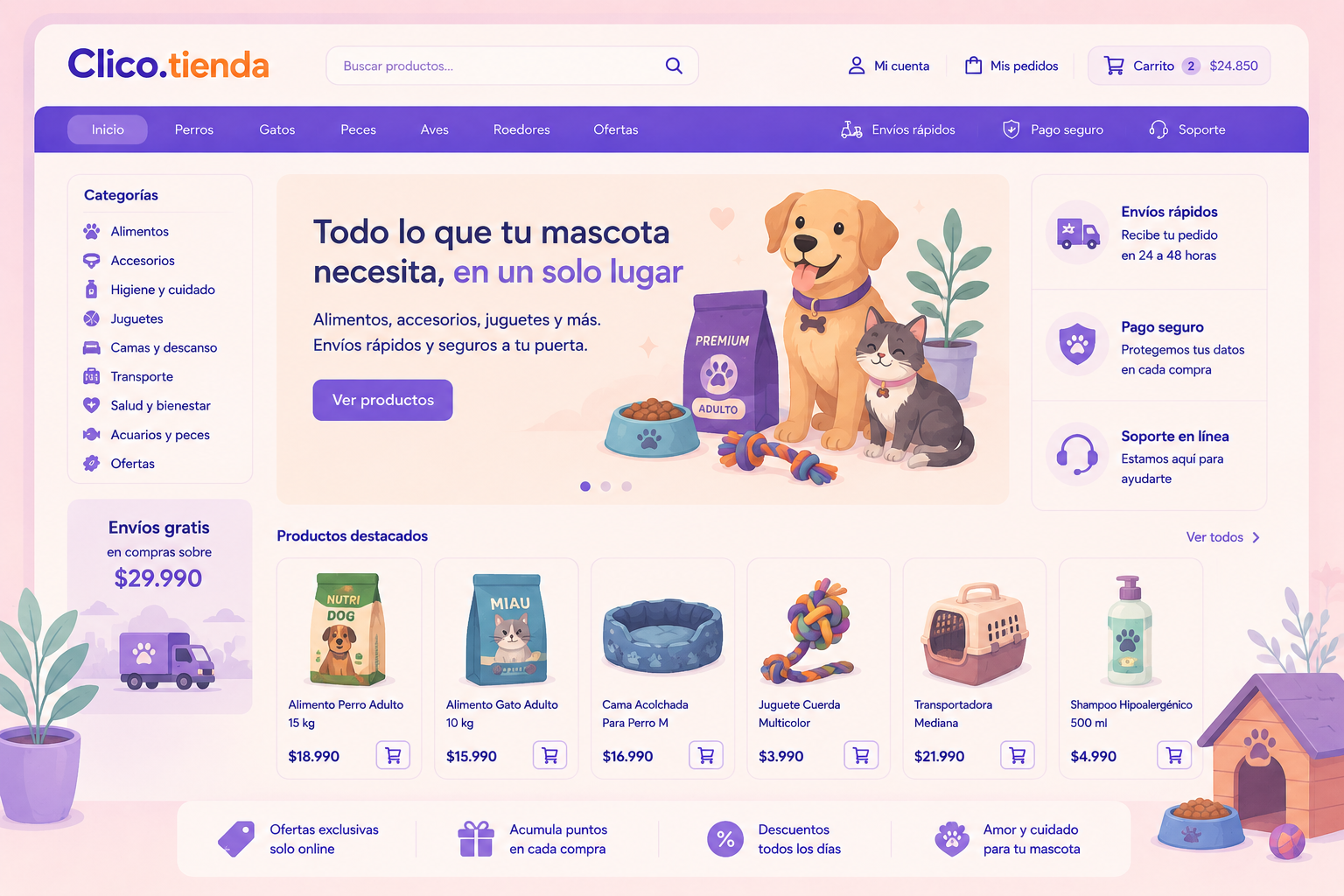 Tienda online de mascotas en Clico con alimentos, accesorios y juguetes para perros y gatos