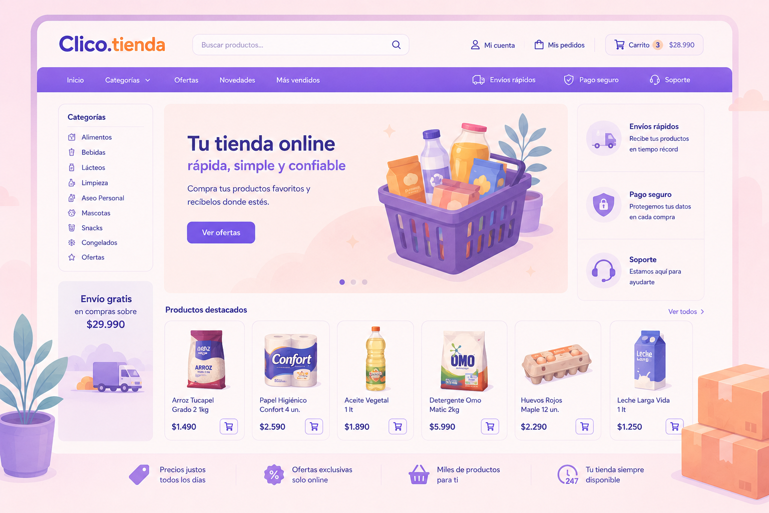 Tienda online de Clico con categorías, productos destacados y carrito de compras