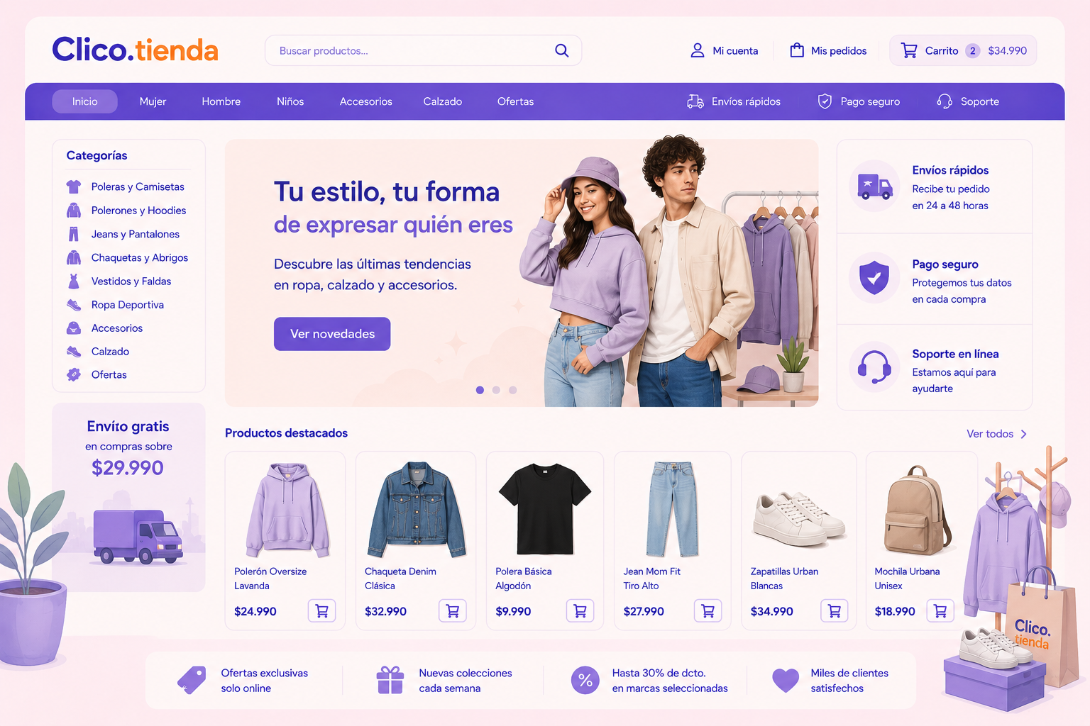 Tienda online de ropa y vestuario en Clico con prendas, calzado y accesorios por categoría